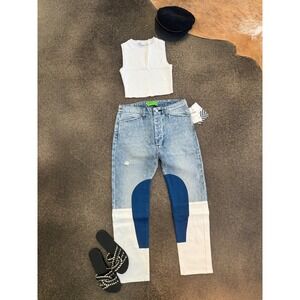 Sandrine Rose Rose Indigo Patchwork Straight Leg Jeans Indigo Blue Cream Size 25